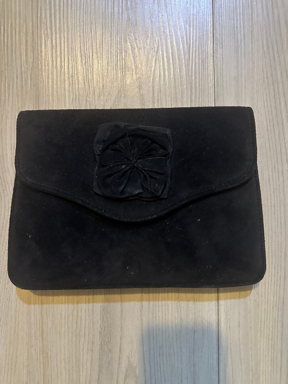 Vintage Black Suede Envelope Clutch Convertible Shoulder Bag Ribbon Rosette